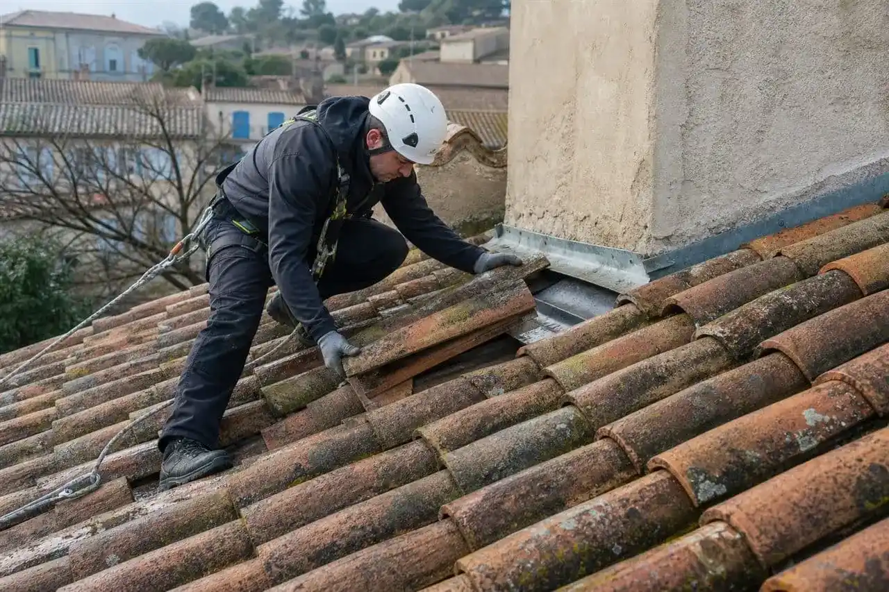 Couvreur sécurisé recherchant une infiltration sous des tuiles canal dans le secteur de Carcassonne