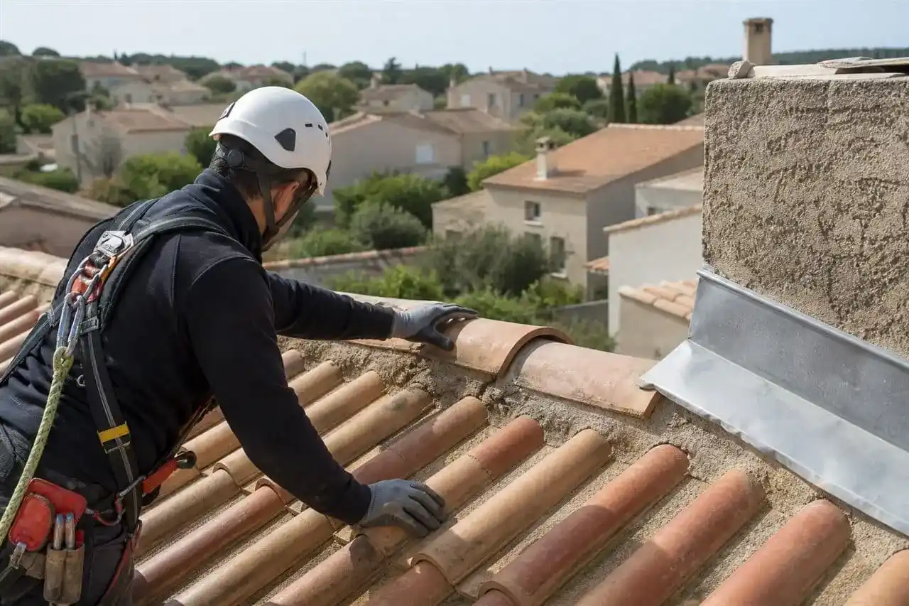 Couvreur sécurisé contrôlant un faîtage et un solin dans le secteur de Narbonne