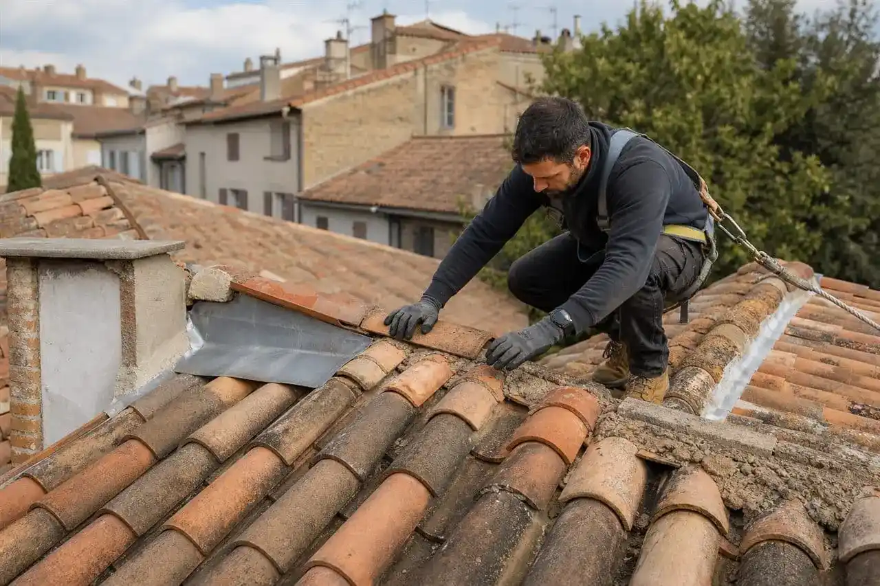 Couvreur sécurisé inspectant une toiture en tuiles de terre cuite dans le secteur de Toulouse