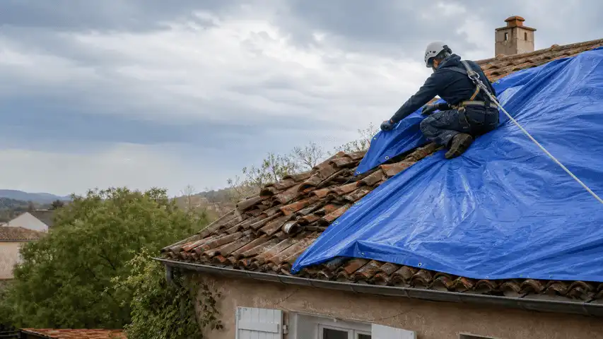Bâchage provisoire d’une toiture en tuiles après la tornade dans le secteur de Pomas