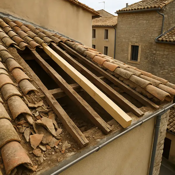 Remplacement d'un chevron affaibli : dépose des tuiles et mise en place d'un élément bois neuf pour renforcer la charpente.