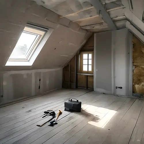 Aménagement complet des combles avec isolation sous rampants et habillage en plaques de plâtre.