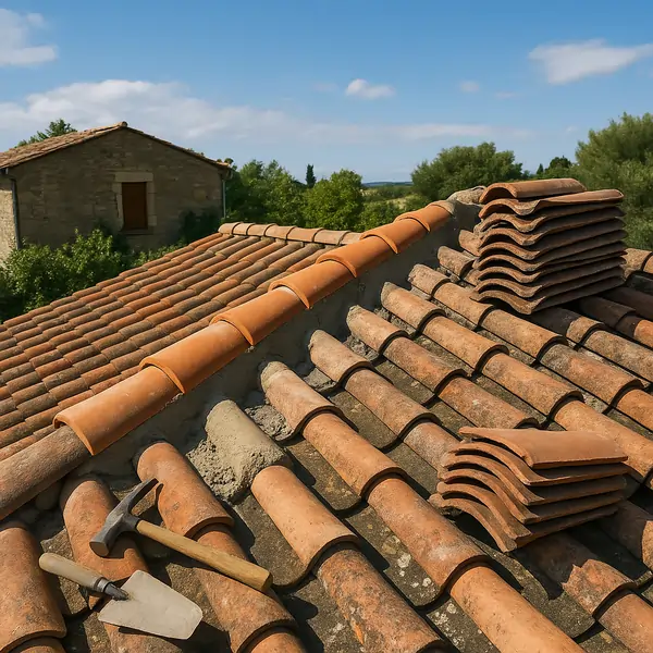 Réfection d'un faîtage traditionnel : remplacement des tuiles et reprise du mortier pour une étanchéité durable