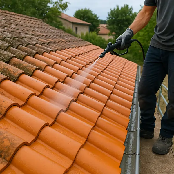 Application d'un hydrofuge incolore : protection des tuiles contre l'eau tout en préservant leur aspect d'origine.