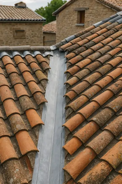 Remplacement d'une noue en zinc : canalisation correcte des eaux entre deux pans de toiture.