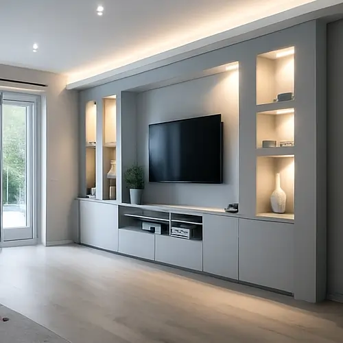 Réalisation d'un meuble mural en plaques de plâtre intégrant niches et éclairages LED.