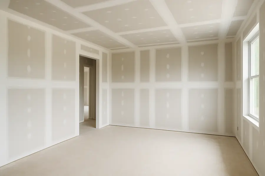 Chantier placo : pose de plaques de plâtre, bandes et enduits en cours dans une pièce en rénovation.