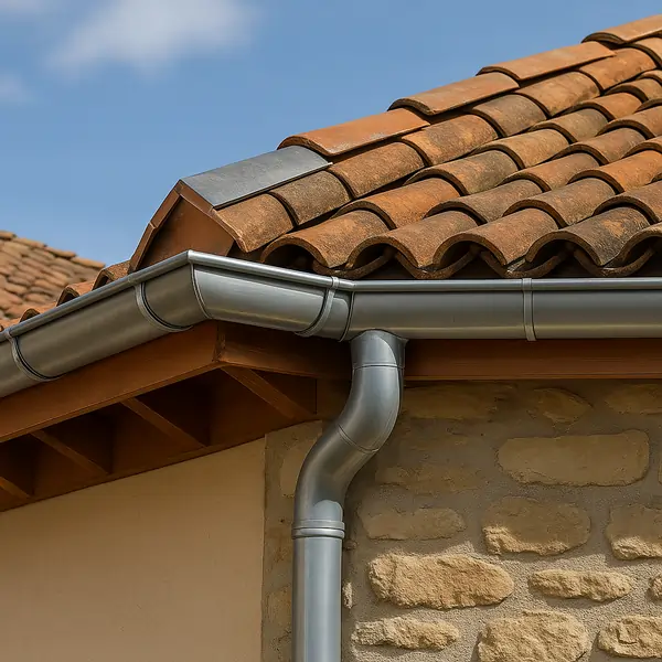 Travaux de zinguerie dans l'Aude : gouttière zinc neuve, descente et rive métallique posées sur toiture en tuiles canal