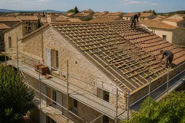 Réfection complète d'une toiture en tuiles canal sur une maison en pierre dans l'Aude