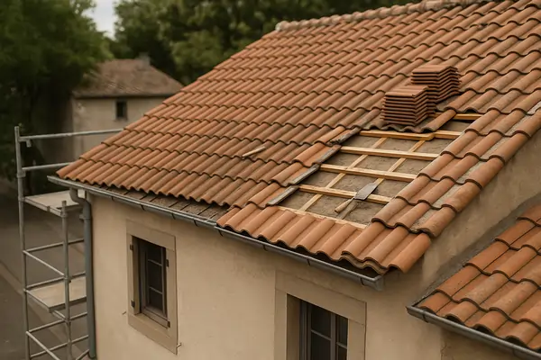 Remaniement de toiture : dépose des tuiles abîmées, reprise des liteaux et réfection des zones fragilisées.