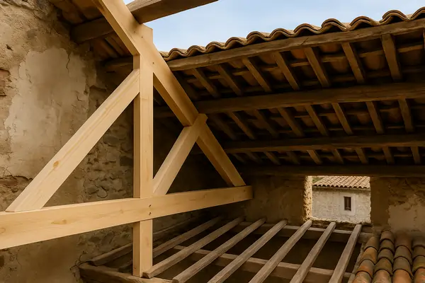 Renfort structurel de charpente : ajout d'éléments bois neufs pour stabiliser et sécuriser une structure ancienne.