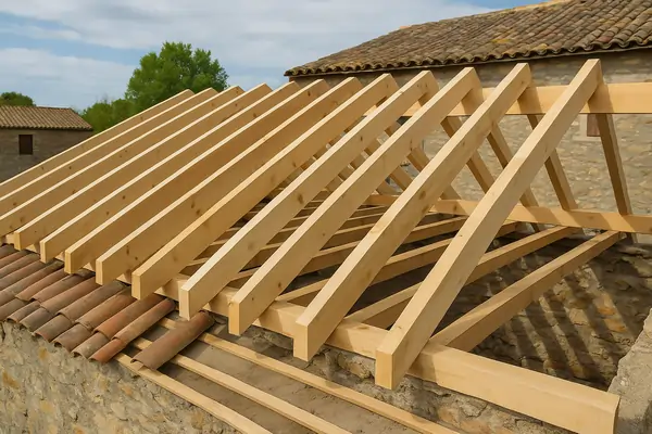 Charpente bois neuve en cours de pose dans une maison en pierre, avec chevrons et ossature renforcée pour rénovation de toiture