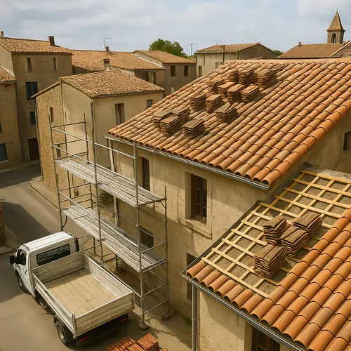Rénovation complète d'une toiture dans le centre d'un village : dépose des anciennes tuiles et reprise de la couverture