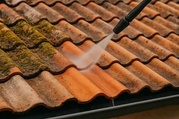 Traitement anti-mousse : élimination des lichens et dépôts verdâtres pour restaurer l'état d'origine des tuiles.