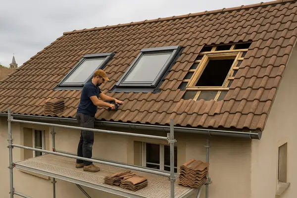Remplacement d'une fenêtre de toit : préparation de l'ouverture et installation d'un nouveau Velux sur toiture en tuiles.